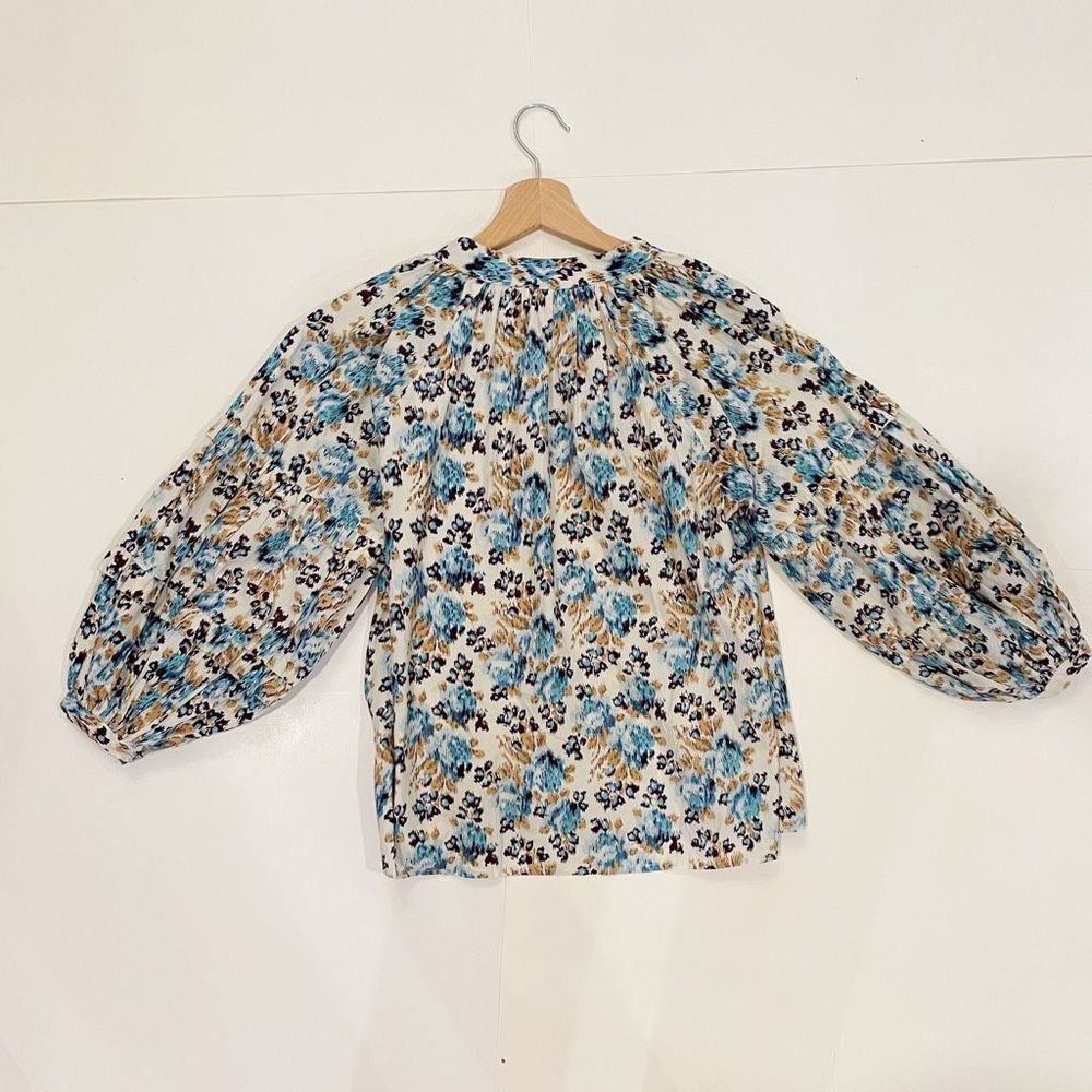 Love The Label Anthropologie Kaleesi Blue Floral Top Ruffle Sz S Boho Praise - Picture 7 of 9